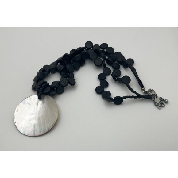 NY & Co Black Beaded Necklace Abalone Shell Statement Pendant Mother of Pearl - Picture 5 of 7